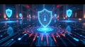 Cybersecurity shield protecting data with glowing technology for digital safety in a modern network Royalty Free Stock Photo