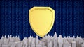 Cybersecurity Shield Protecting Digital City Infrastructure 3d render Royalty Free Stock Photo