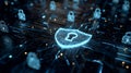 Cybersecurity shield protecting digital data on circuit board Royalty Free Stock Photo