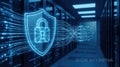 Cybersecurity shield protecting digital data in server room Royalty Free Stock Photo