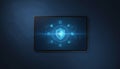 Cybersecurity shield protecting digital data on tablet device Royalty Free Stock Photo
