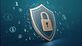 Cybersecurity shield protecting user data with padlock and binary code