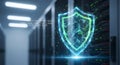 Cybersecurity Shield in Server Room - Digital Protection Concept Royalty Free Stock Photo