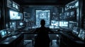 Cybersecurity specialist analyzing threat data in high-tech control center digital environment futuristic viewpoint data analysis Royalty Free Stock Photo
