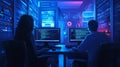 Cybersecurity specialists analyzing data in high-tech server room