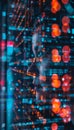 Cybersecurity tech digital animation, code running, database scanning in network data