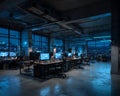 Cybersecurity Tech Office at Night Empty. Royalty Free Stock Photo