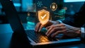 Cybersecurity technology concept featuring glowing holographic shield and lock icons laptop keyboard Royalty Free Stock Photo