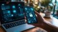 Cybersecurity technology: secure smartphone and laptop with lock icon in digital workspace