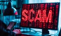 Cybersecurity threat concept with the word SCAM in bold red letters on a computer screen, signifying internet fraud, hacking