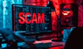 Cybersecurity threat concept with the word SCAM in bold red letters on a computer screen, signifying internet fraud, hacking