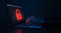 Cybersecurity Threat: Hacker Accessing Sensitive Data on Laptop, Red Alert Warning
