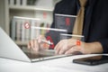 Cybersecurity threat, hacker attack concept. Businessman using laptop, system alert, data breach warning. Virtual interface show Royalty Free Stock Photo