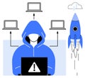 Cybersecurity Threats Highlighted by Hacker Controlling Multiple Laptops with Rocket Launch Symbolizing Data Breach Royalty Free Stock Photo