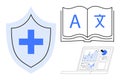 Cybersecurity, Language Translation, and Data Analytics Concept with Shield, Book, and Charts Royalty Free Stock Photo