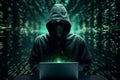 Cybersecurity vigilance Hacker, binary code, dark backdrop, internet defense