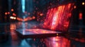 Cybersecurity Visual of Laptop with Glowing Red Data Generative AI