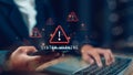 Cybersecurity vulnerability, data breach, illegal connection, compromised information. System warning caution sign for