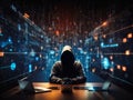 cybersecurity vulnerability and hacker malware concept - hooded computer hacker in a server room