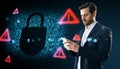 Cybersecurity warning with businessman using smartphone in digital space Royalty Free Stock Photo