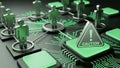 Cybersecurity warning showing interconnected network vulnerabilities with caution sign, highlighting data breach risk and user Royalty Free Stock Photo
