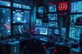 Cybersecurity Workstation with Multiple Monitors Displaying Data and Code Royalty Free Stock Photo