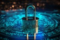 Cybersecuritys binary code concept mirrored in the blue keylock design
