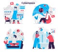 Cyberspace concept set. Virtual reality headset for education and data analysis. People isolated scenes in flat design. Vector Royalty Free Stock Photo