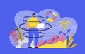 Cyberspace management concept with modern flat design for web. Man interacts with virtual data dashboard system displays