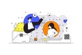 Cyberspace management web concept in flat outline design with characters