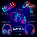 Cybersport games icon set - abstract VR helmet with glasses, headphones, gamepad, joystick. Outline vector illustration of