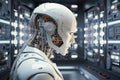cyborg android robot working with laptop control panel system network data. Chat GPT Artificial Intelligence chatbot. Generative Royalty Free Stock Photo