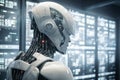 cyborg android robot working with laptop control panel system network data. Chat GPT Artificial Intelligence chatbot. Generative Royalty Free Stock Photo