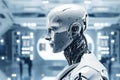 cyborg android robot working with laptop control panel system network data. Chat GPT Artificial Intelligence chatbot. Generative Royalty Free Stock Photo
