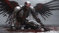 cyborg angel with ripped flesh revealing robot under human skin, A fallen and corrupted angel with dark