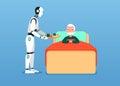 Cyborg brings breakfest for grandfather he lying on bed