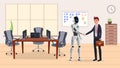 Cyborg and businessman flat vector illustration. Humanoid robot and happy manager in suit shake hands characters