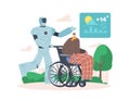 Cyborg Caregiver Walk with Handicapped Senior Male Character Sitting in Wheelchair. Robot Help to Disabled Man.