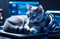 Cyborg cat lying on the table, cat robot pet for people, cybernetic futuristic concept for your design. 3D rendering