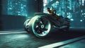 Cyborg chases a girl on a motorcycle through the night streets of a neon cyber city. View of an future fiction city. 3D