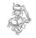 Cyborg cyberpunk robot in VR helmet sketch hand drawn vector illustration