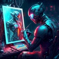 Cyborg cyberpunk style 3d illustration. Futuristic cyborg in front of a computer monitor. Generative AI