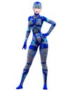 Cyborg droid robot woman futuristic metallic neon suit.