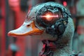 Cyborg duck equipped with high-tech armor and glowing eye stands in a futuristic, blurred urban setting