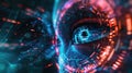 Cyborg eye on tech background, hacker or AI robot and digital data pattern. Concept of cyber security, technology, hack, spy, Royalty Free Stock Photo