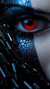 cyborg face with dark black metallic mask, agressive warrior with red eye and iris, generative ai