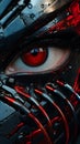 cyborg face with dark black metallic mask, agressive warrior with red eye and iris, generative ai