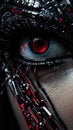 cyborg face with dark black metallic mask, agressive warrior with red eye and iris, generative ai