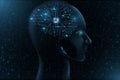 Cyborg face model. Technological brain. Computer processor and circuit board. Artificial Intelligence. Binary code background. Royalty Free Stock Photo