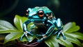 perfect balance - hybrid frog, captivating eyes, evolves in mechanical jungle, futuristic symbiosis